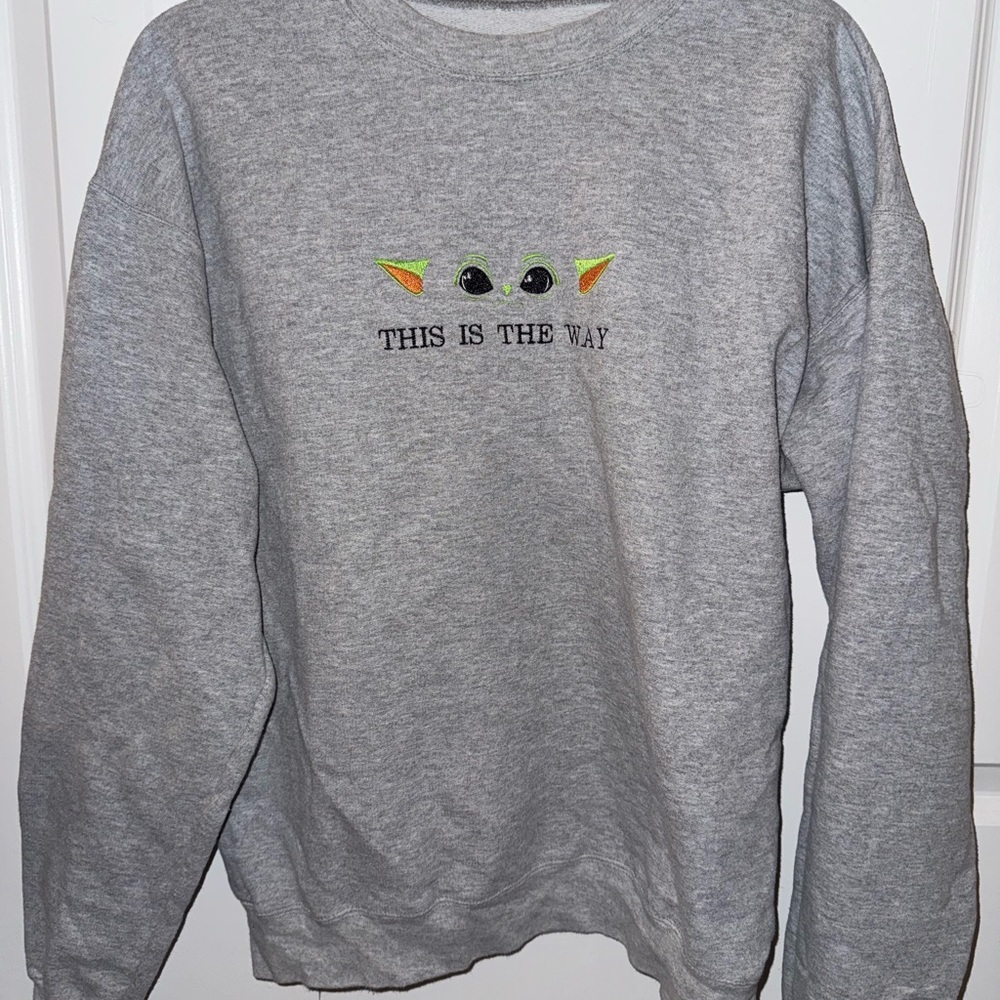 Gray Sweatshirt with Embroidered Baby Yoda Design
